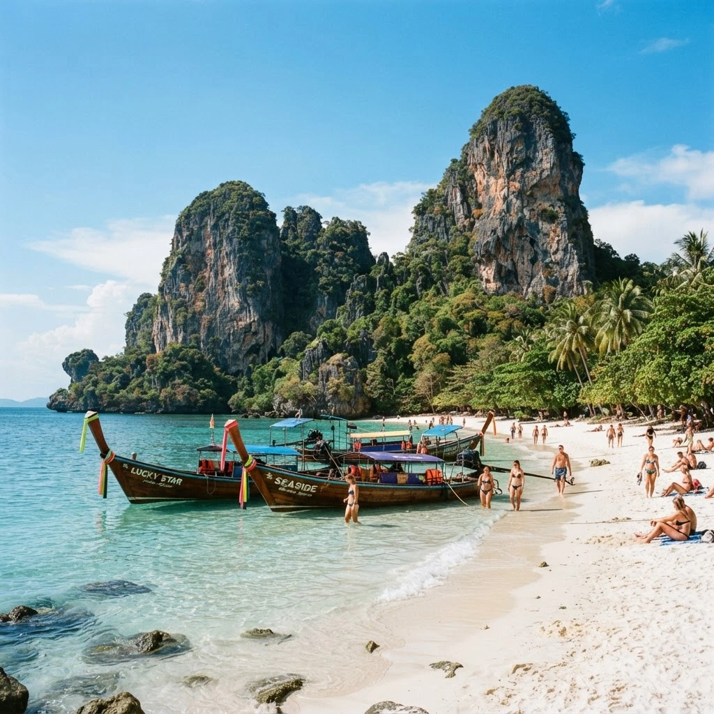 Thai island beach with longtail boats and limestone cliffs